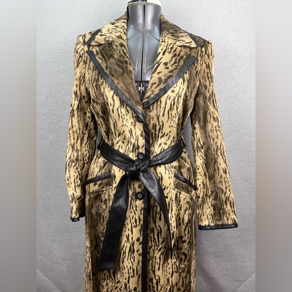 DESIGNER JAVIER SIMORRA BARCELONA COAT BUTTON UP Cheetah Print WAIST BELT SIZE 8 - Picture 2 of 10